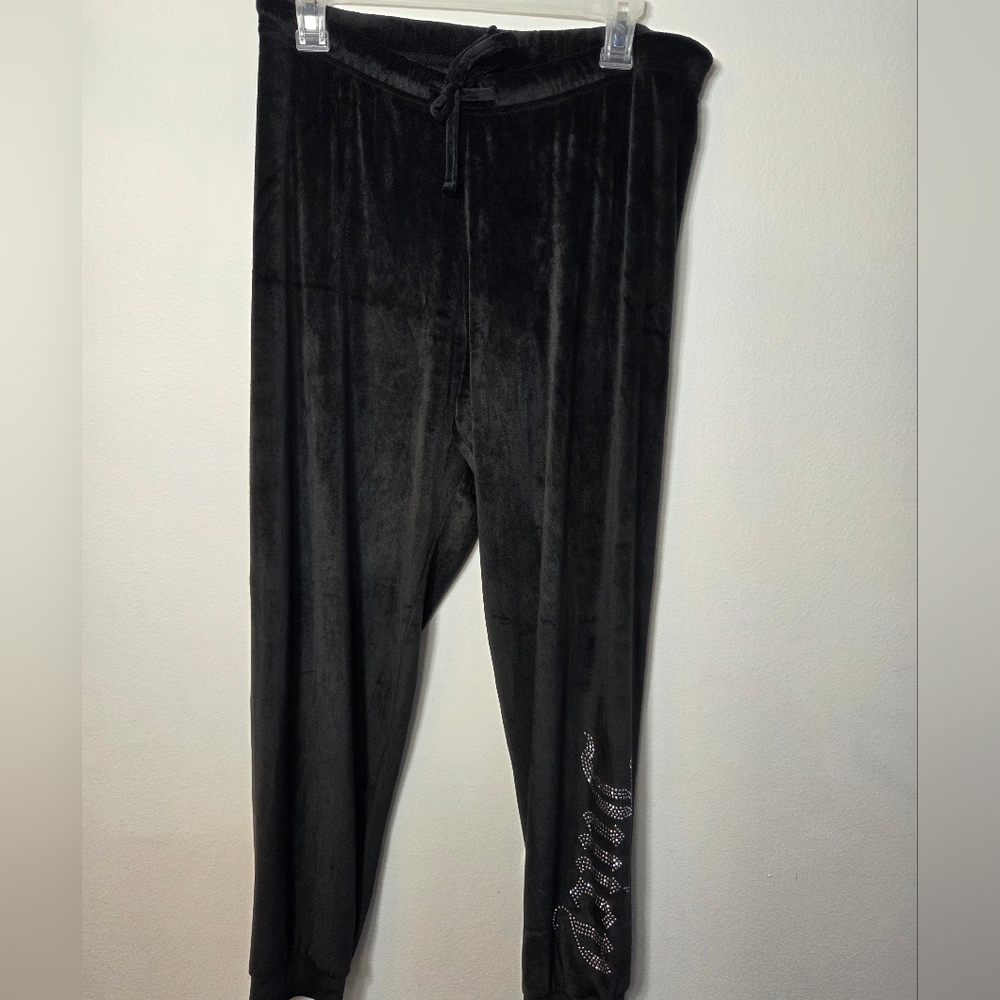 Y2K Juicy Couture Black Velour Pants Rhinestone Spellout Lounge/Pajama Size M